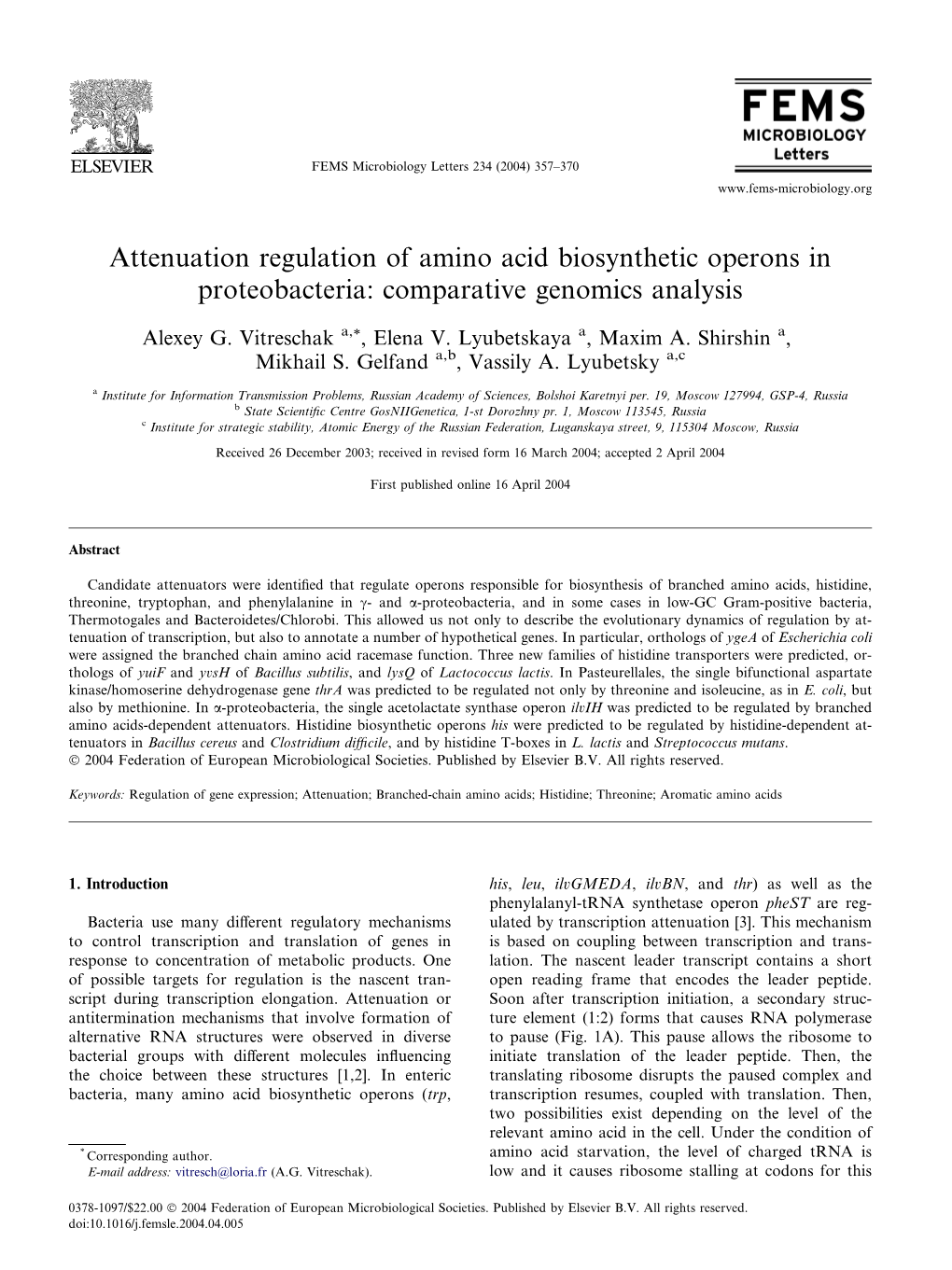 Attenuation Regulation of Amino Acid Biosynthetic Operons in Proteobacteria: Comparative Genomics Analysis