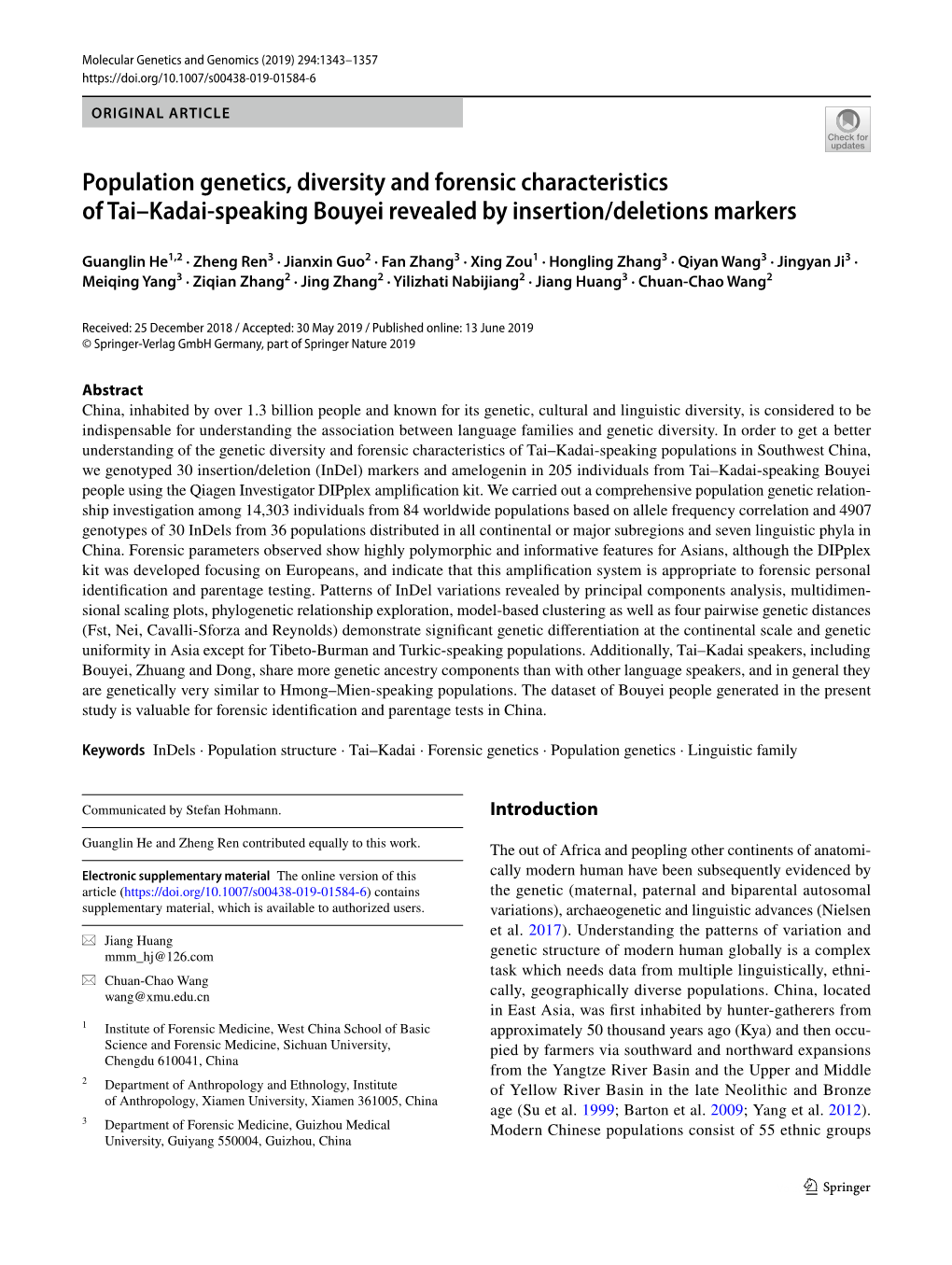 Population Genetics, Diversity and Forensic Characteristics of Tai–Kadai‑Speaking Bouyei Revealed by Insertion/Deletions Markers