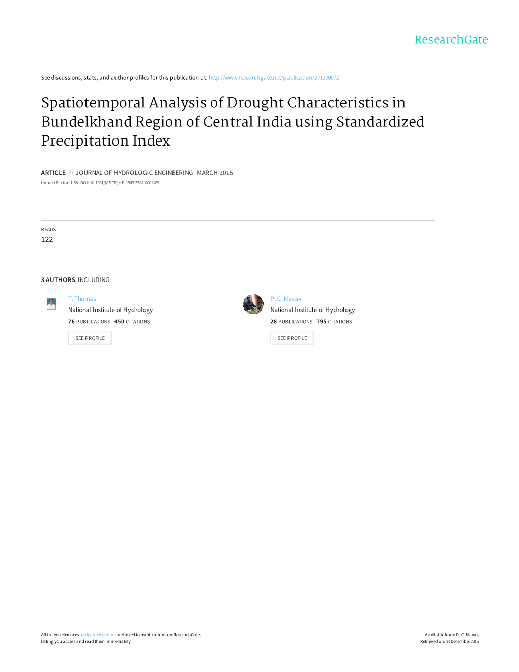 Spatiotemporal Analysis of Drought Characteristics in Bundelkhand Region of Central India Using Standardized Precipitation Index