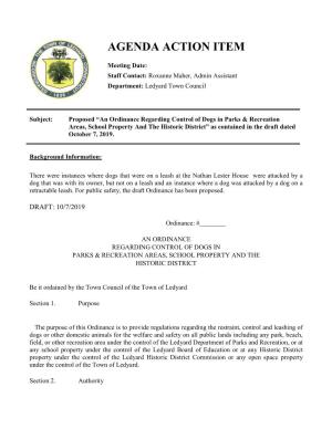 Proposed “An Ordinance Regarding Control of Dogs in Parks & Recreation Areas, School Property and the Historic District”