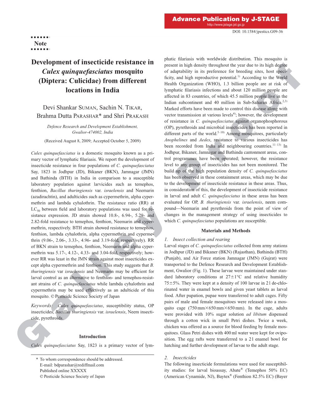 Development of Insecticide Resistance in Culex Quinquefasciatus Mosquito (Diptera: Culicidae) in India 3