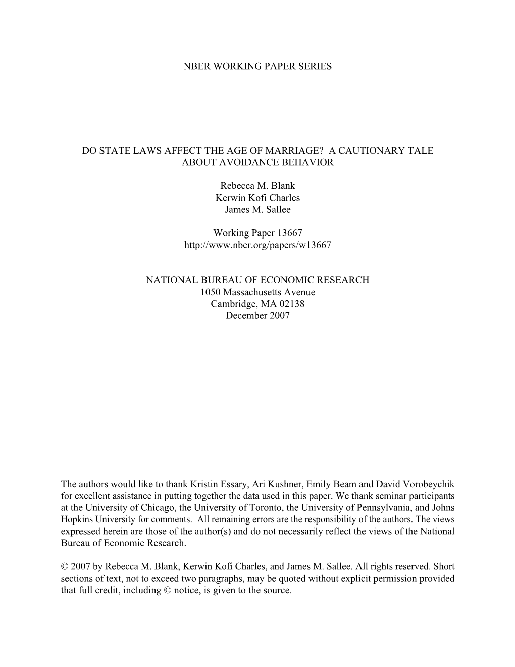 Nber Working Paper Series Do State Laws Affect the Age