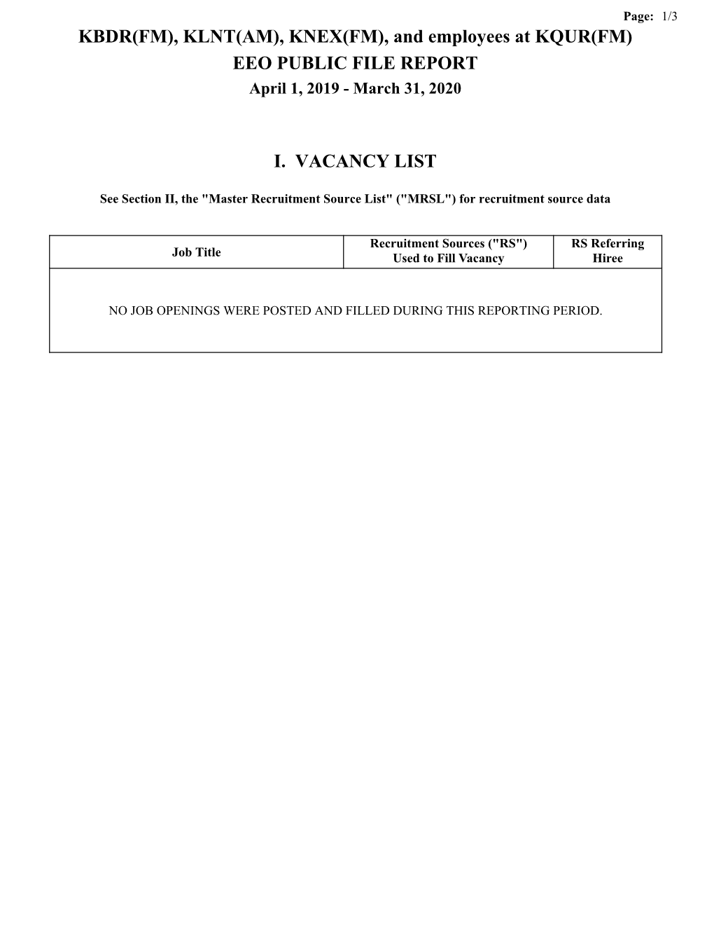 KBDR(FM), KLNT(AM), KNEX(FM), and Employees at KQUR(FM) EEO PUBLIC FILE REPORT April 1, 2019 - March 31, 2020