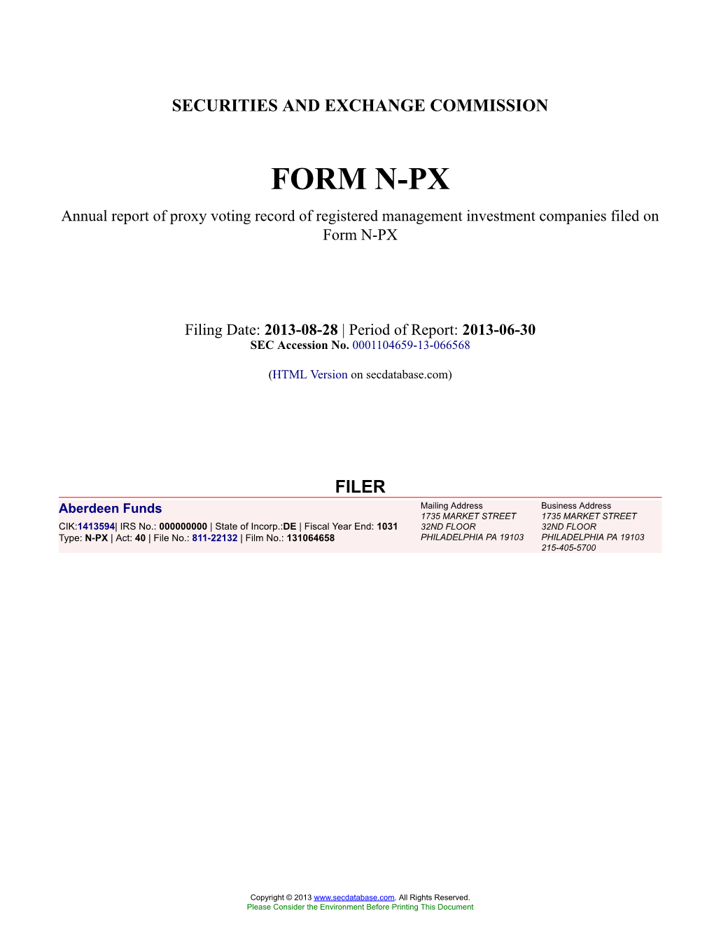 Aberdeen Funds Form N-PX Filed 2013-08-28