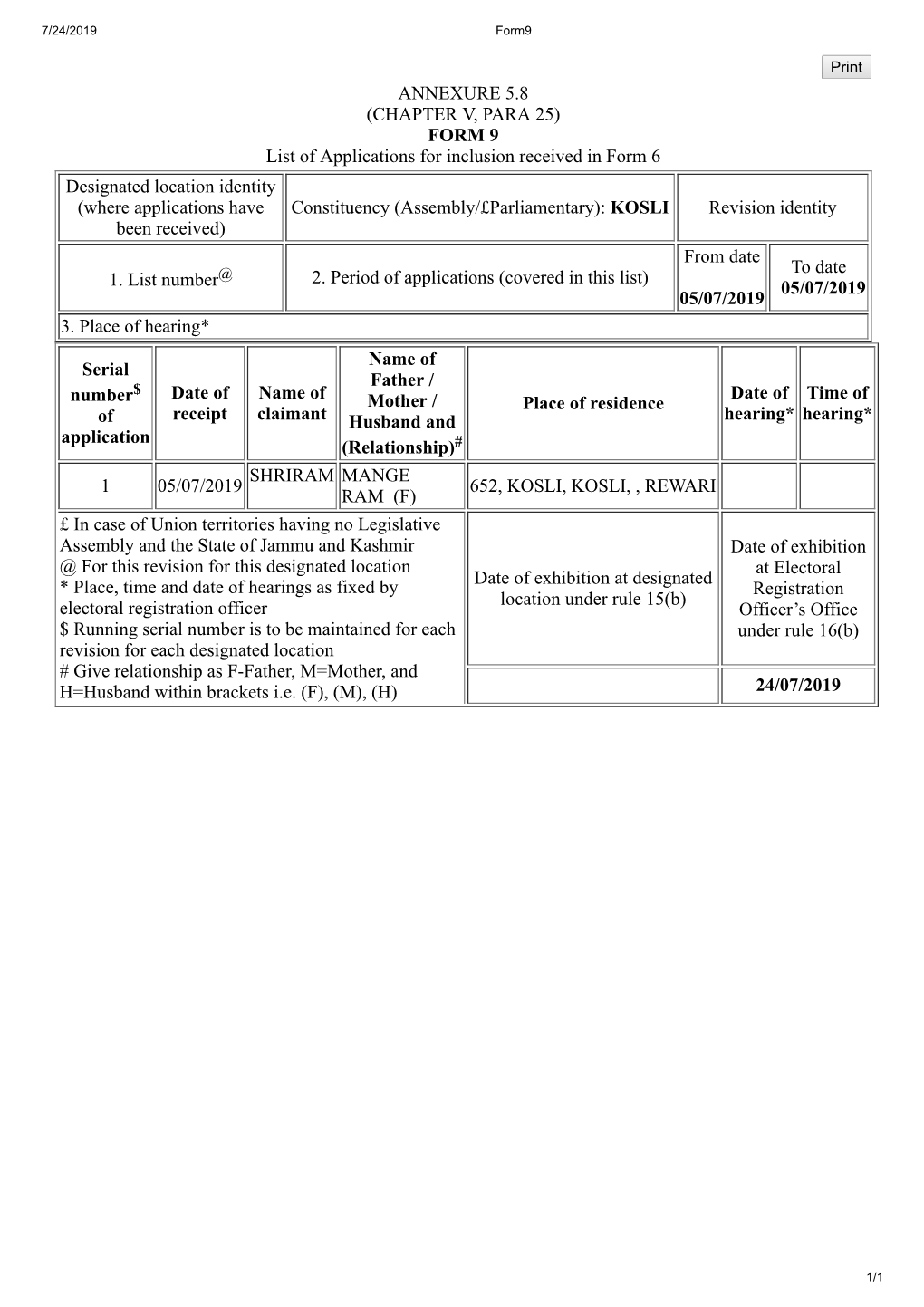 ANNEXURE 5.8 (CHAPTER V, PARA 25) FORM 9 List of Applications For