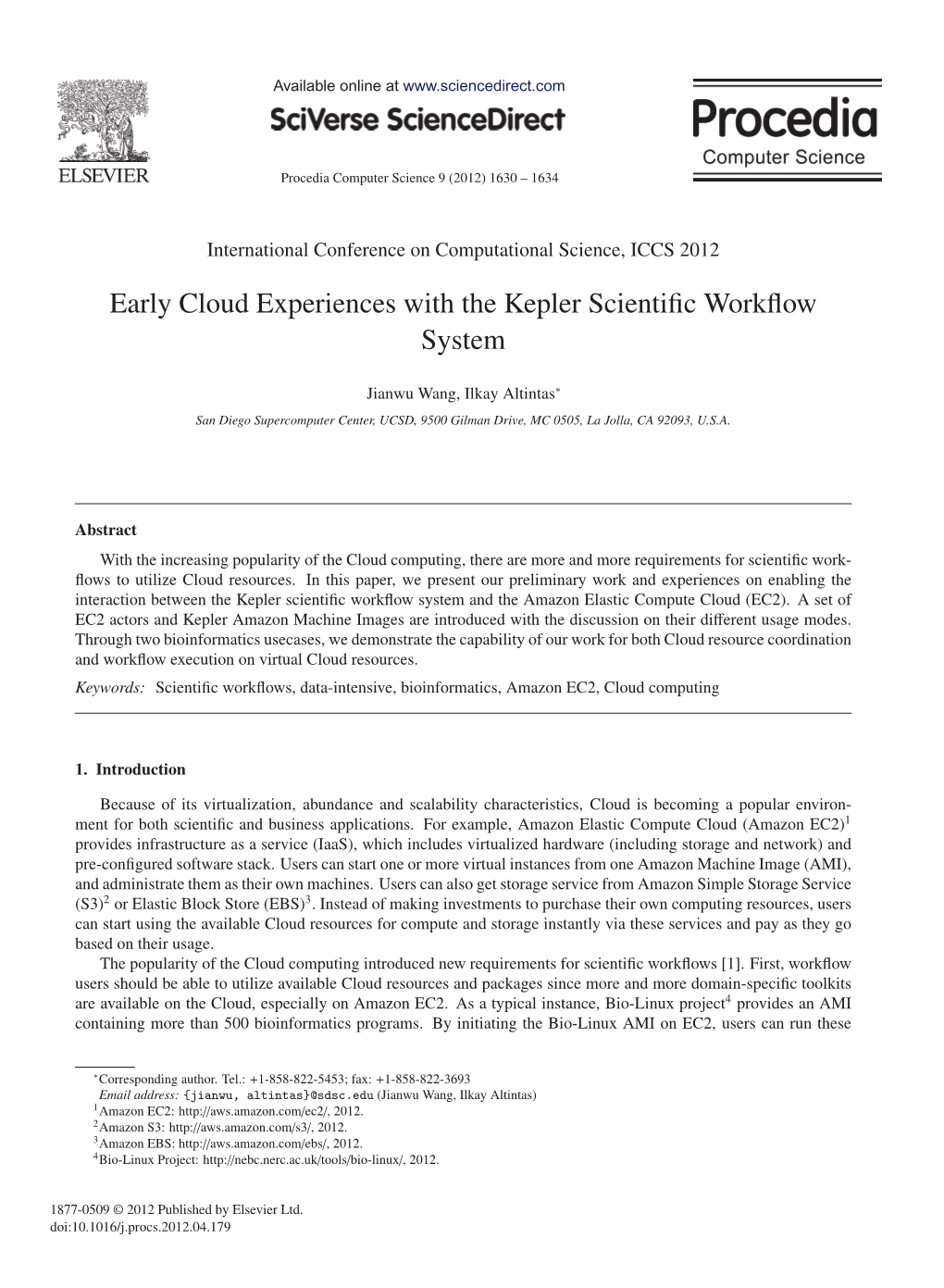 Early Cloud Experiences with the Kepler Scientific Workflow System