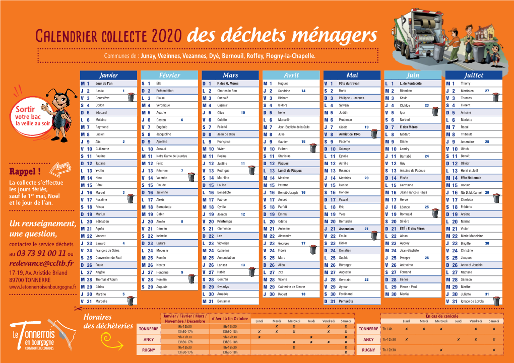 Calendrier Collecte 2020 Des Déchets Ménagers Communes De : Junay, Vezinnes, Vezannes, Dyé, Bernouil, Roffey, Flogny-La-Chapelle