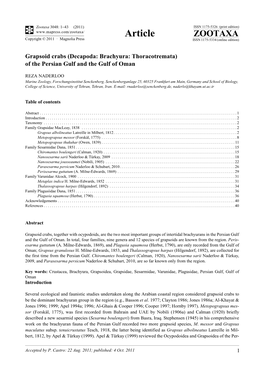 Grapsoid Crabs (Decapoda: Brachyura: Thoracotremata) of the Persian Gulf and the Gulf of Oman