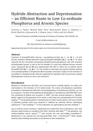 Hydride Abstraction and Deprotonation – an Efficient Route to Low Co-Ordinate Phosphorus and Arsenic Species