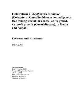 Field Release of Acythopeus Cocciniae (Coleoptera: Curculionidae)