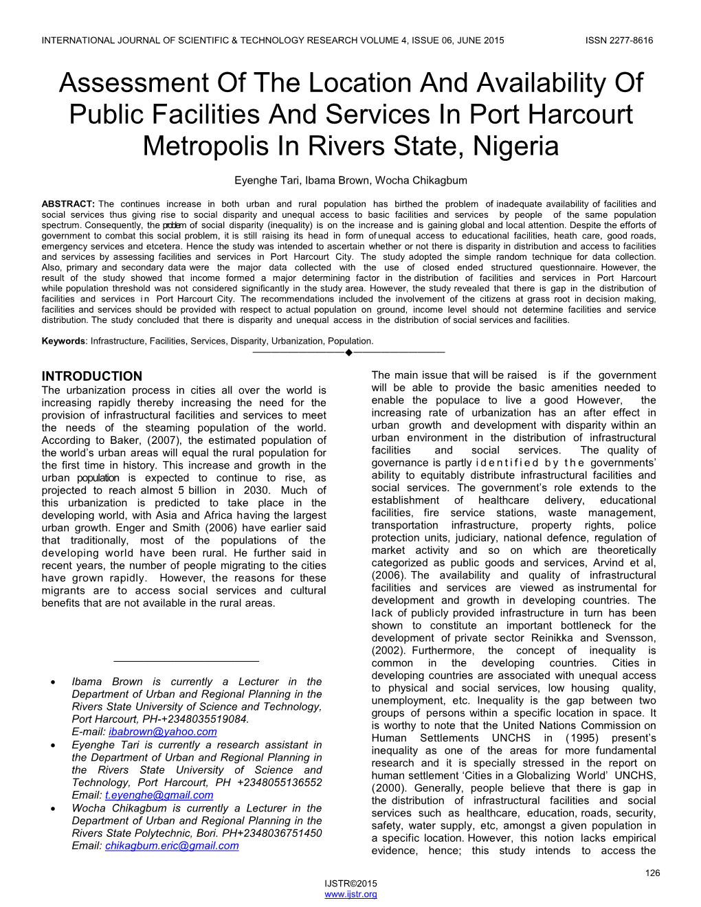Assessment of the Location and Availability of Public Facilities and Services in Port Harcourt Metropolis in Rivers State, Nigeria