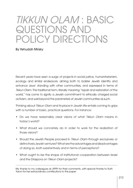 Tikkun Olam : Basic Questions and Policy Directions