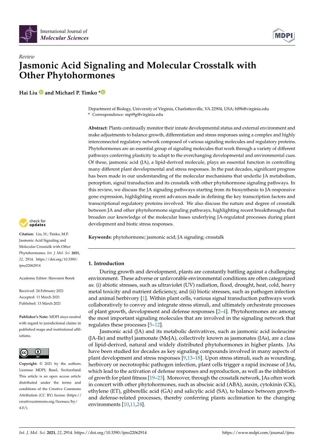 Jasmonic Acid Signaling and Molecular Crosstalk with Other Phytohormones