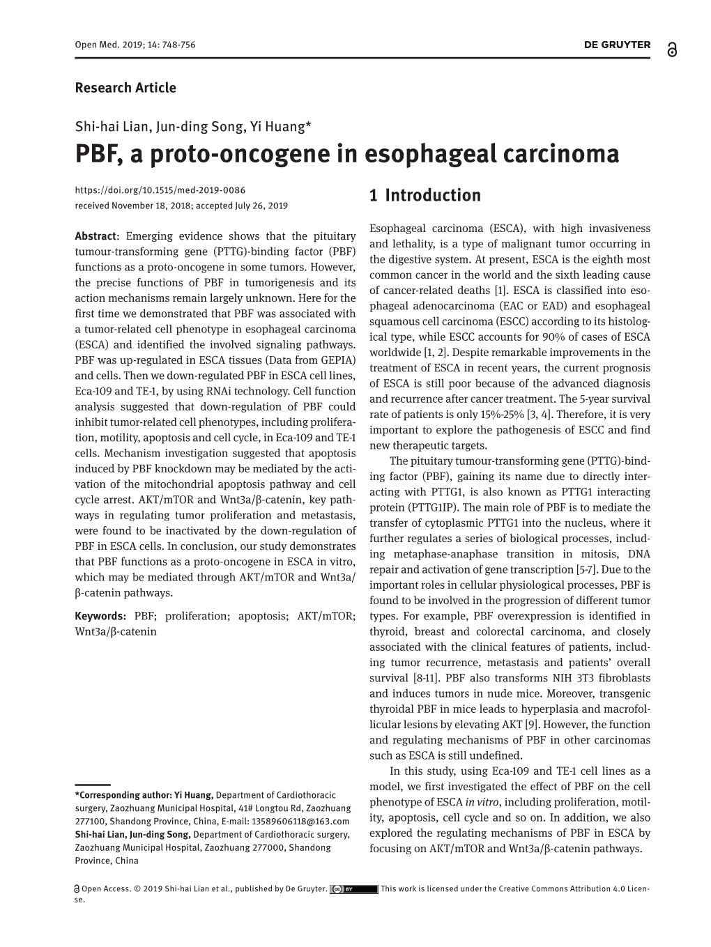 PBF, a Proto-Oncogene in Esophageal Carcinoma Received November 18, 2018; Accepted July 26, 2019 1 Introduction