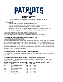 Patriots at Philadelphia Game Notes