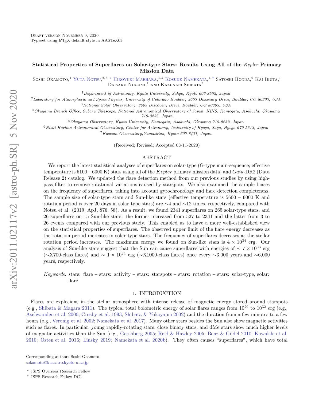 Arxiv:2011.02117V2 [Astro-Ph.SR] 5 Nov 2020