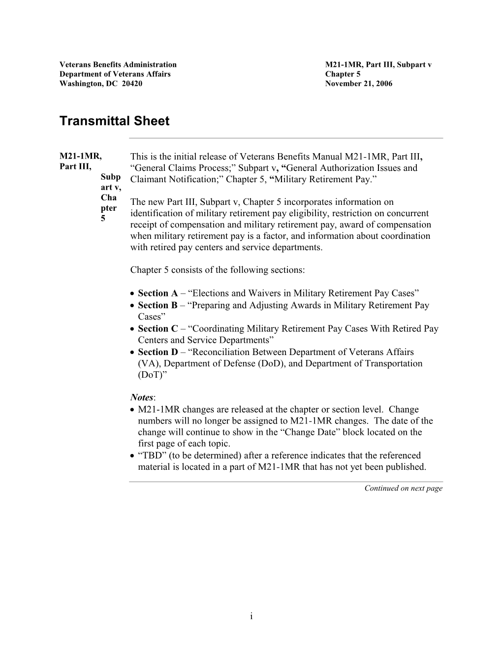 M21-1MR, Part III, Subpart V, Chapter 5. Change Document Dated 11/21/06 Military Retired Pay