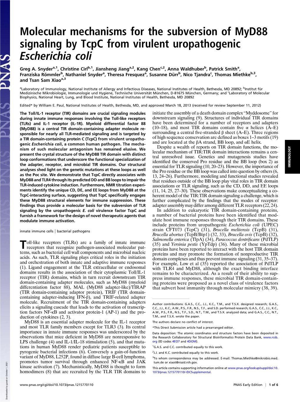 Molecular Mechanisms for the Subversion of Myd88 Signaling by Tcpc from Virulent Uropathogenic Escherichia Coli