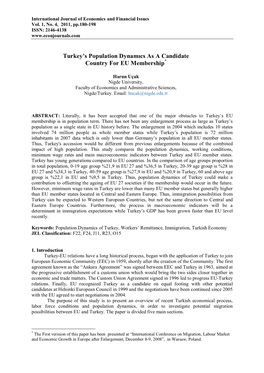 Turkey's Population Dynamıcs As a Candidate Country for EU