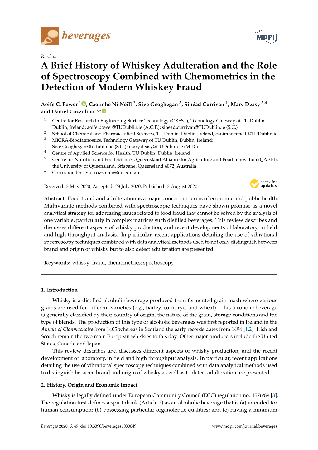 A Brief History of Whiskey Adulteration and the Role of Spectroscopy Combined with Chemometrics in the Detection of Modern Whiskey Fraud