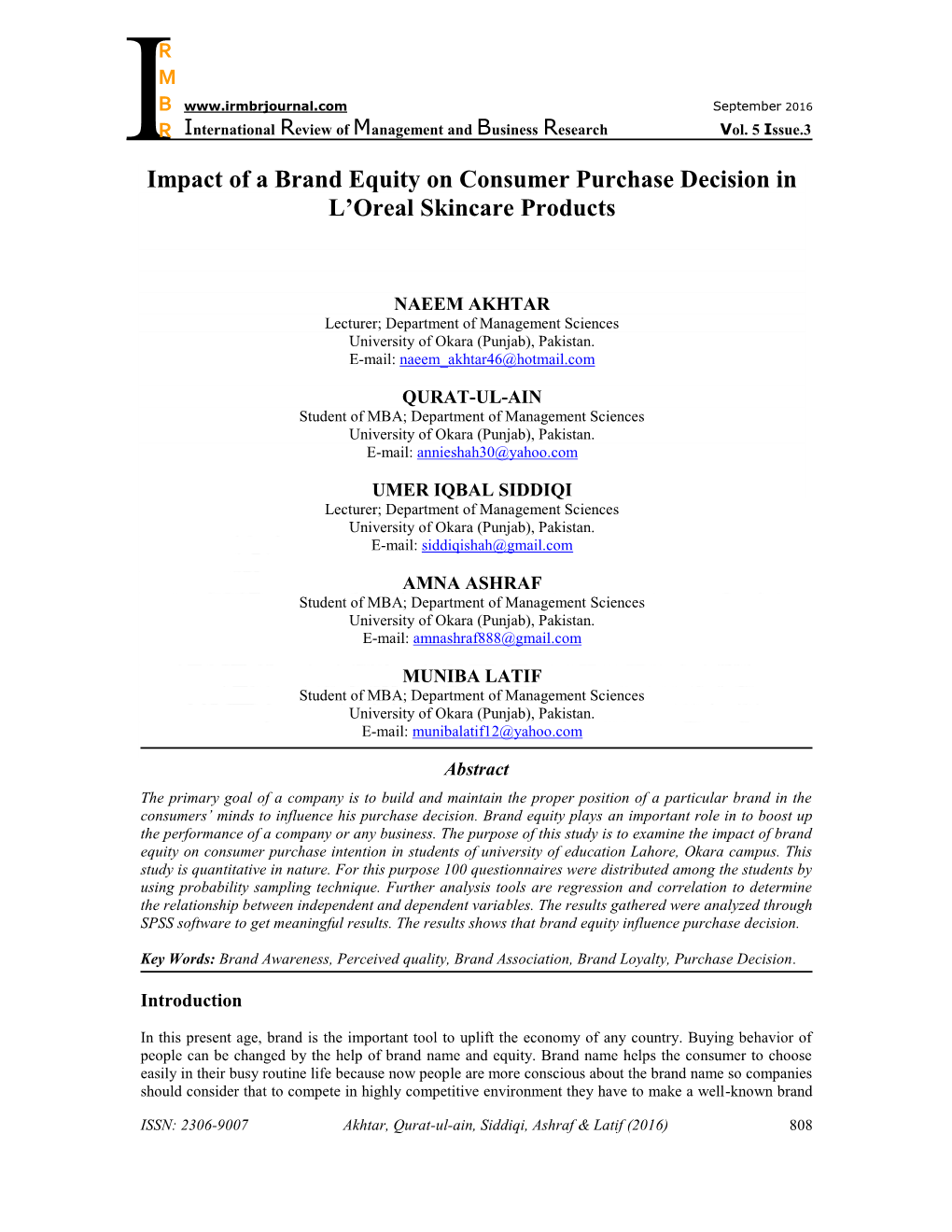 Impact of a Brand Equity on Consumer Purchase Decision in L'oreal