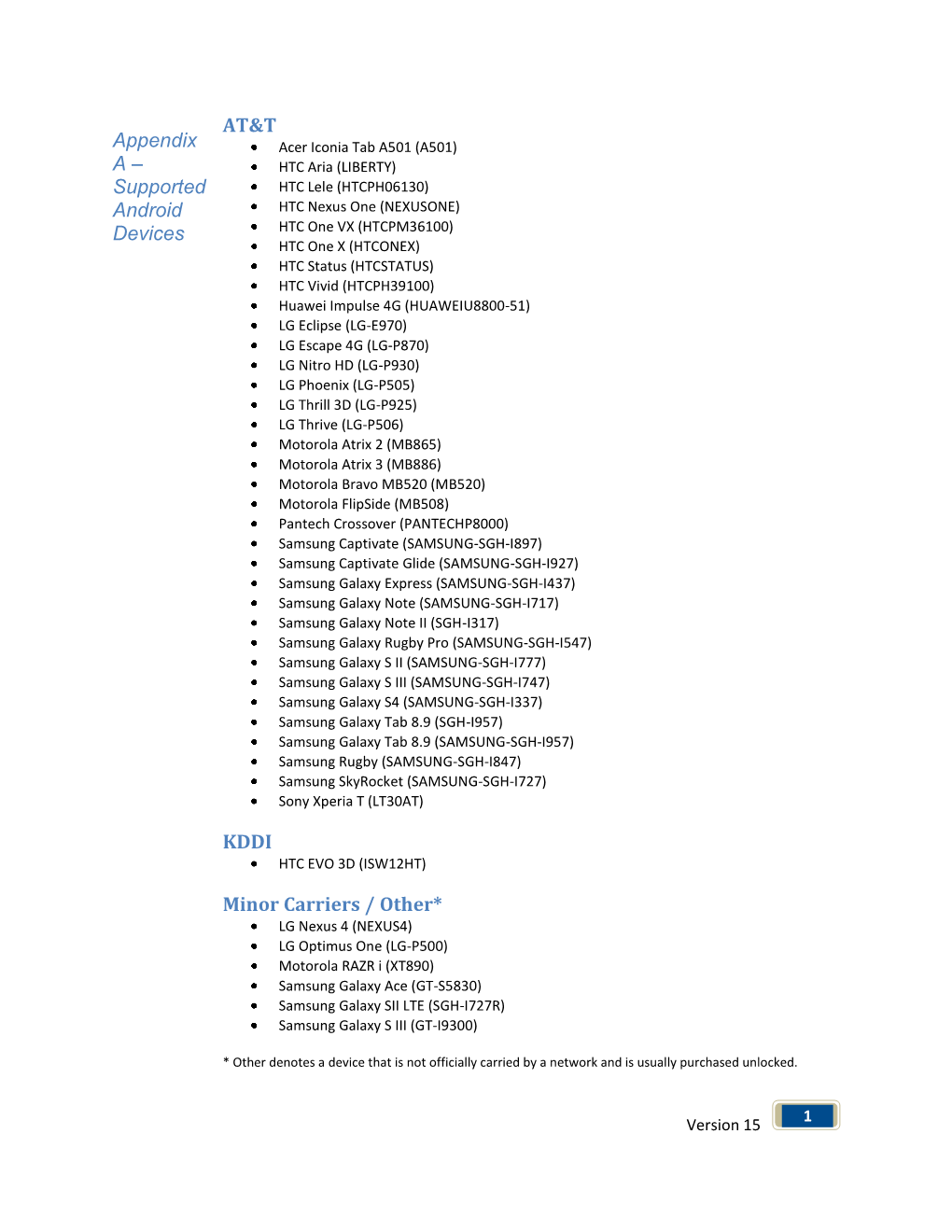 Supported Android Devices AT&T KDDI Minor Carriers / Other