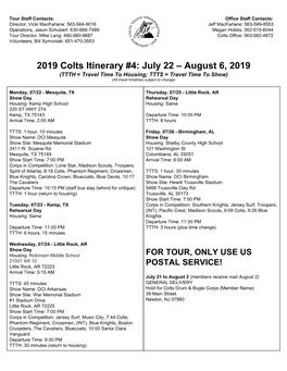 2019 Colts Itinerary #4: July 22 – August 6, 2019 (TTTH = Travel Time to Housing; TTTS = Travel Time to Show) (All Travel Timelines Subject to Change)