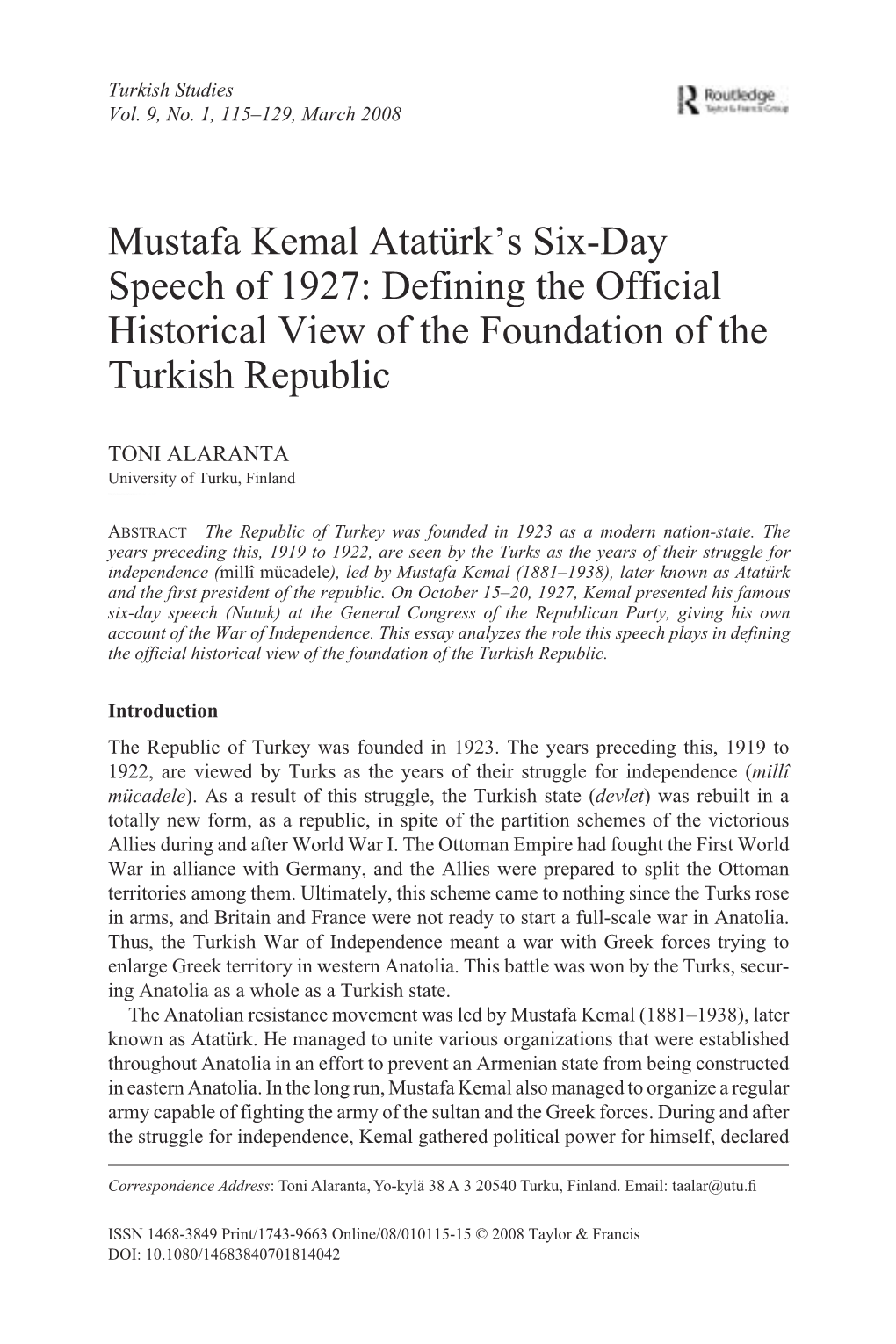 Mustafa Kemal Atatürk's Six-Day Speech of 1927: Defining The