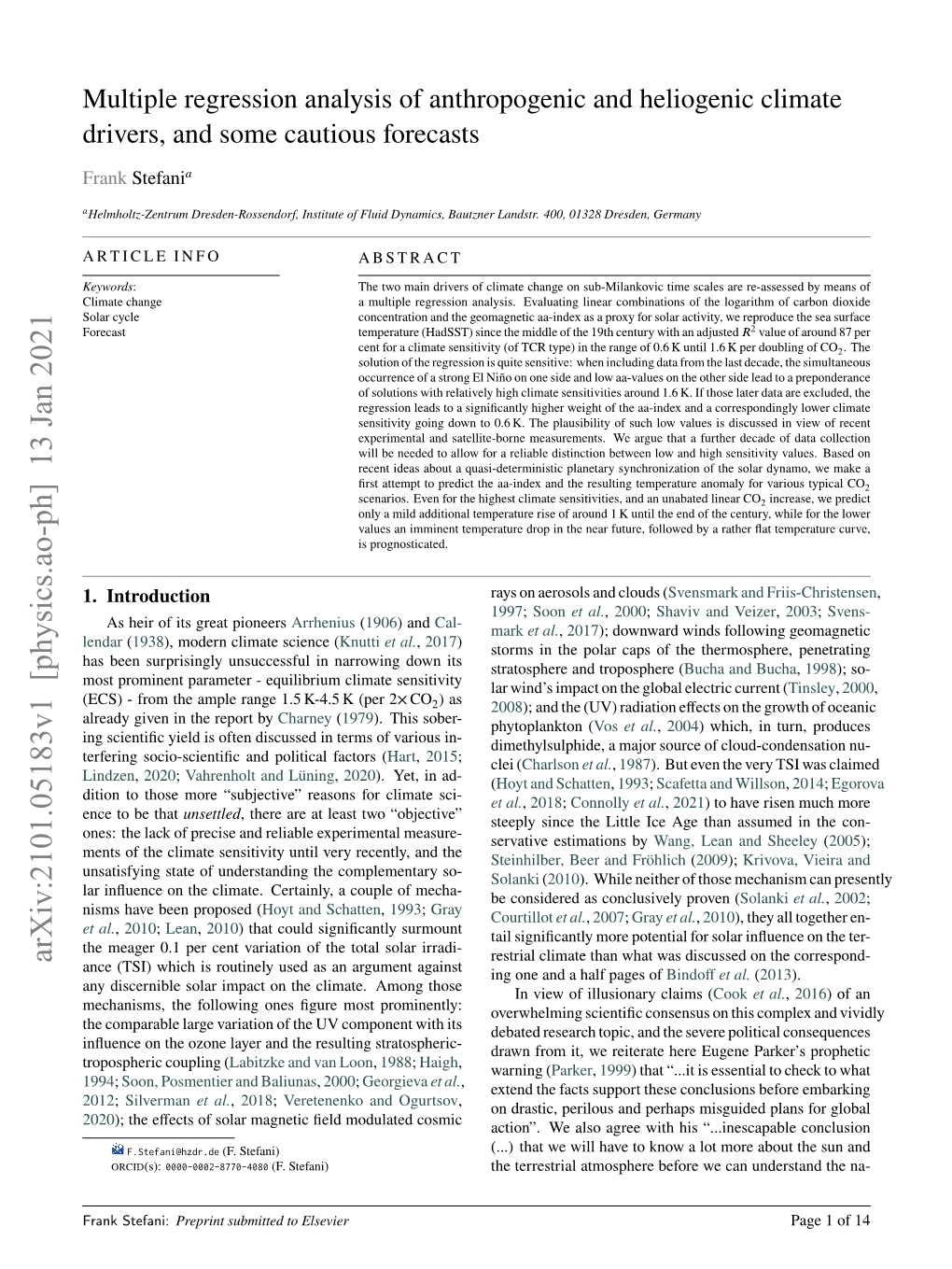 Multiple Regression Analysis of Anthropogenic and Heliogenic Climate Drivers, and Some Cautious Forecasts a Frank Stefani