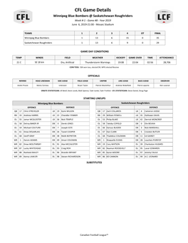 CFL Game Details Winnipeg Blue Bombers @ Saskatchewan Roughriders Week #-1 - Game #8 - Year 2019 June 6, 2019-21:00 - Mosaic Stadium