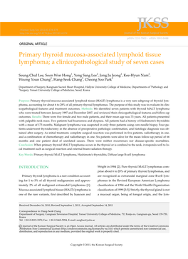 Primary Thyroid Mucosa-Associated Lymphoid Tissue Lymphoma; a Clinicopathological Study of Seven Cases