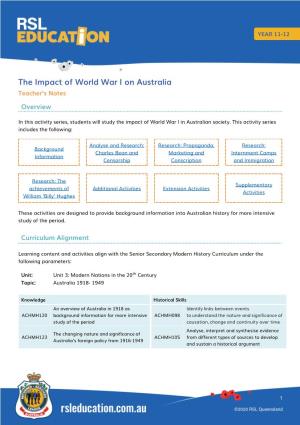 The Impact of World War I on Australia Teacher’S Notes