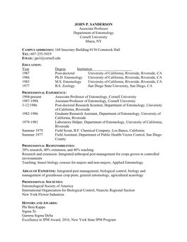 JOHN P. SANDERSON Associate Professor Department of Entomology Cornell University Ithaca, NY
