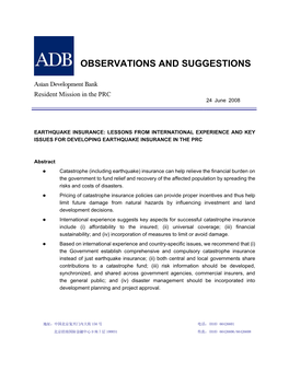 Earthquake Insurance: Lessons from International Experience and Key Issues for Developing Earthquake Insurance in the Prc