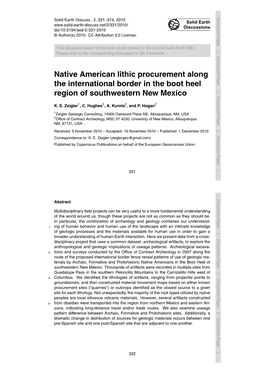 Native American Lithic Procurement Along the International Border in Theregion Boot of Heel Southwestern New Mexico K