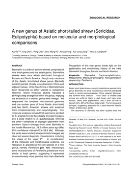 A New Genus of Asiatic Short-Tailed Shrew (Soricidae, Eulipotyphla) Based on Molecular and Morphological Comparisons