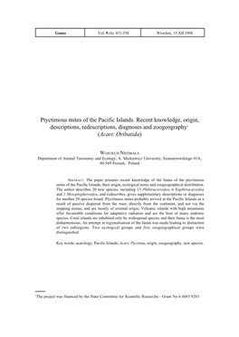 Ptyctimous Mites of the Pacific Islands. Recent Knowledge, Origin, Descriptions, Redescriptions, Diagnoses and Zoogeography1 (Acari: Oribatida)