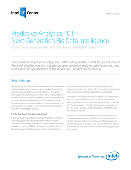 Predictive Analytics 101: Next-Generation Big Data Intelligence a Crash Course on Operationalizing Predictive Analytics with Real-Time Data