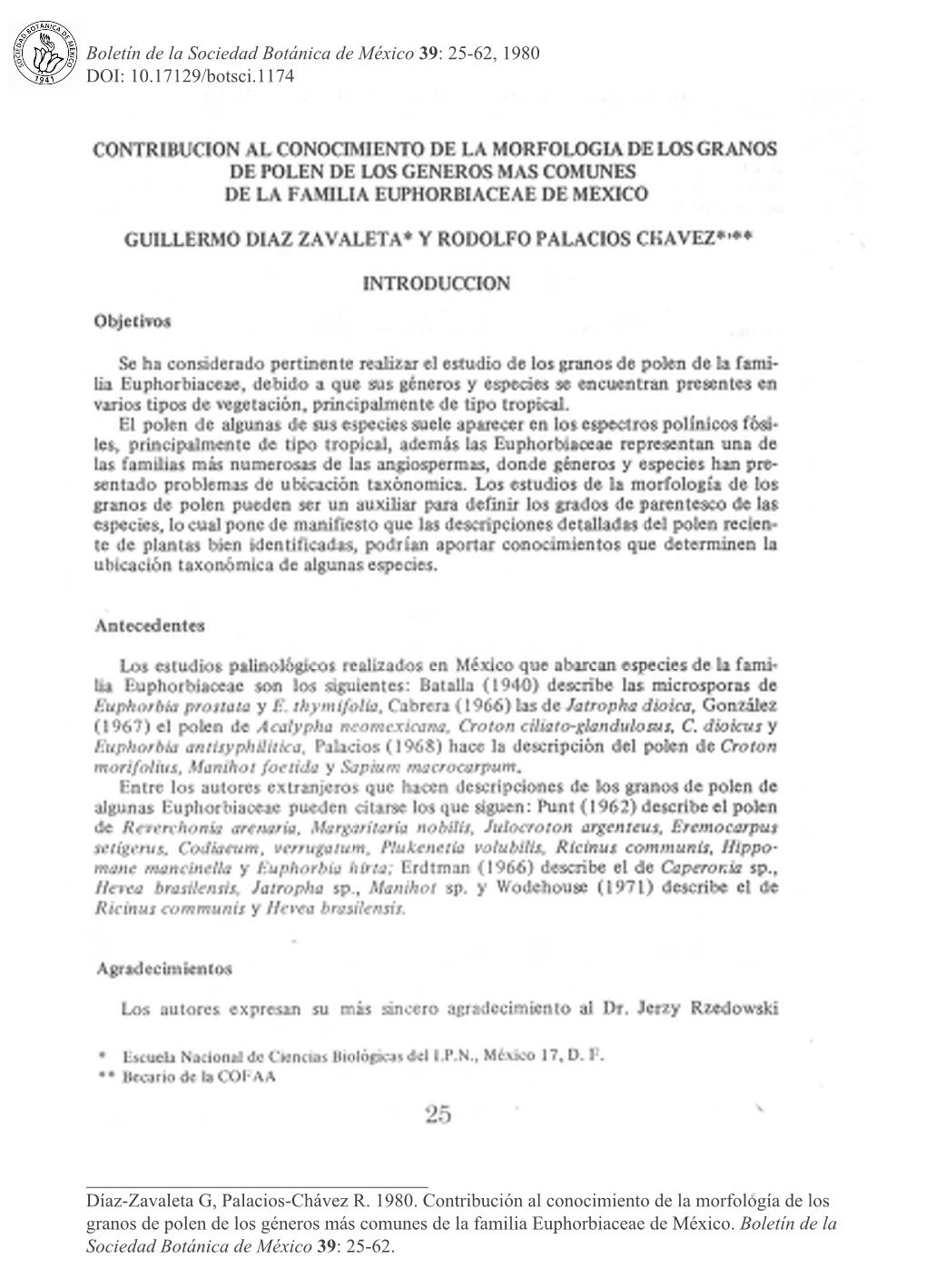 Boletín De La Sociedad Botánica De México 39: 25-62, 1980 DOI: 10.17129/Botsci.1174