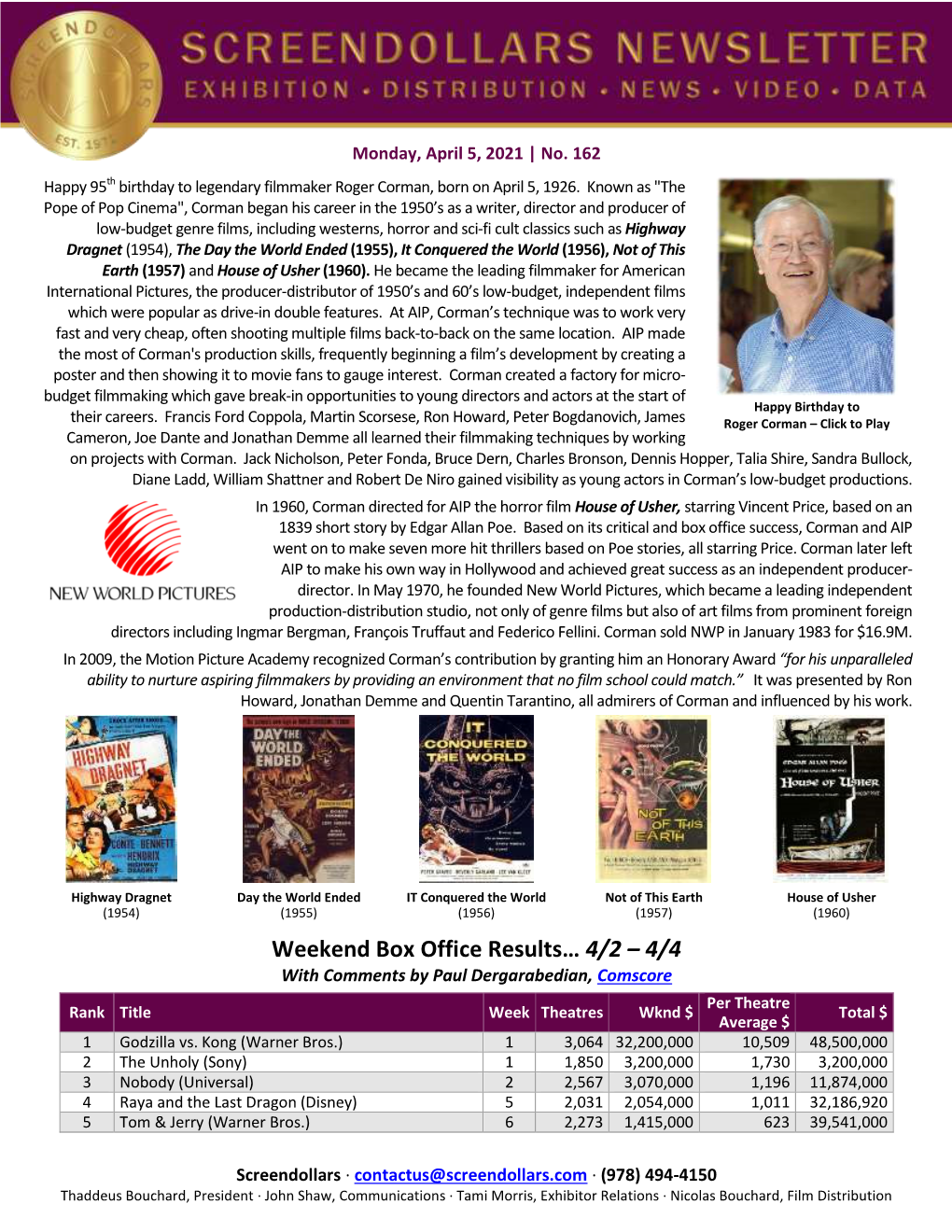 Weekend Box Office Results… 4/2 – 4/4 with Comments by Paul Dergarabedian, Comscore Per Theatre Rank Title Week Theatres Wknd $ Total $ Average $ 1 Godzilla Vs