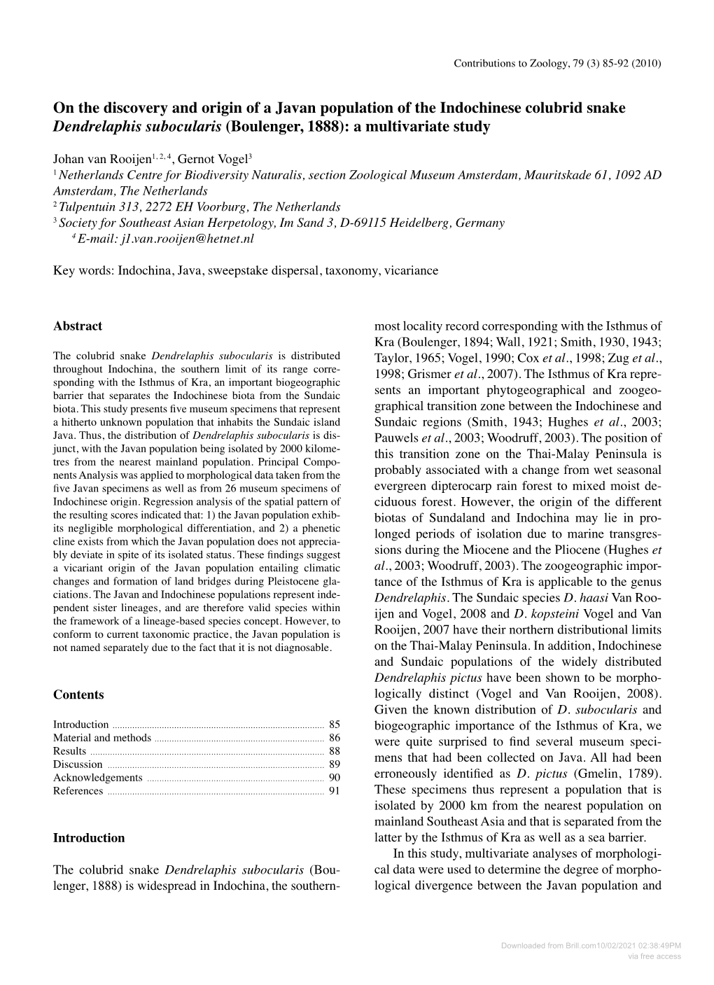 On the Discovery and Origin of a Javan Population of the Indochinese Colubrid Snake Dendrelaphis Subocularis (Boulenger, 1888): a Multivariate Study