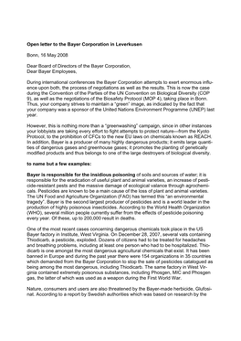 Open Letter to the Bayer Corporation in Leverkusen Bonn, 16 May
