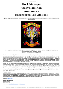 Rock Manager Vicky Hamilton Announces Uncensored Tell-All Book