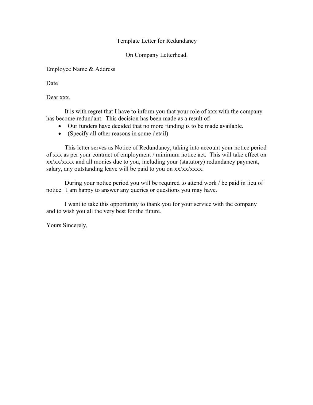 Template Letter for Lay-Off