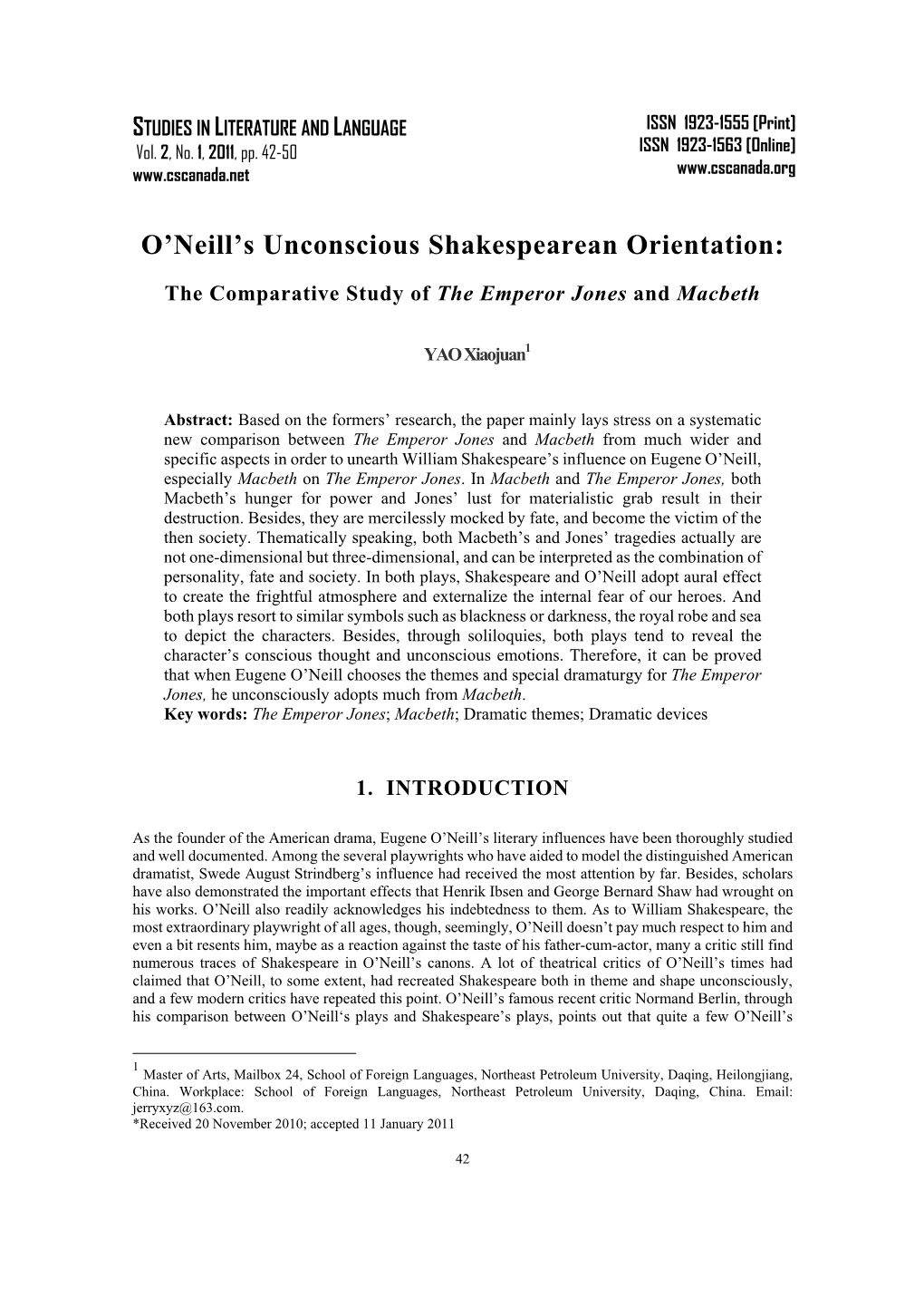 O'neill's Unconscious Shakespearean Orientation