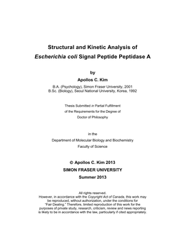 Structural and Kinetic Analysis of Escherichia Coli Signal Peptide Peptidase A