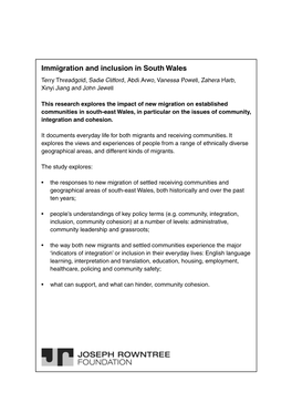 Immigration and Inclusion in South Wales Terry Threadgold, Sadie Clifford, Abdi Arwo, Vanessa Powell, Zahera Harb, Xinyi Jiang and John Jewell