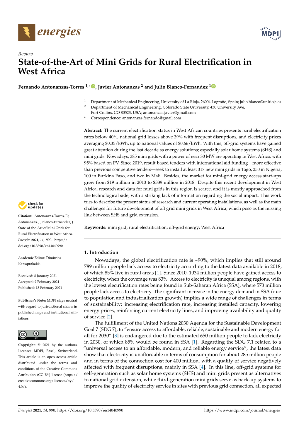 State-Of-The-Art of Mini Grids for Rural Electrification in West Africa