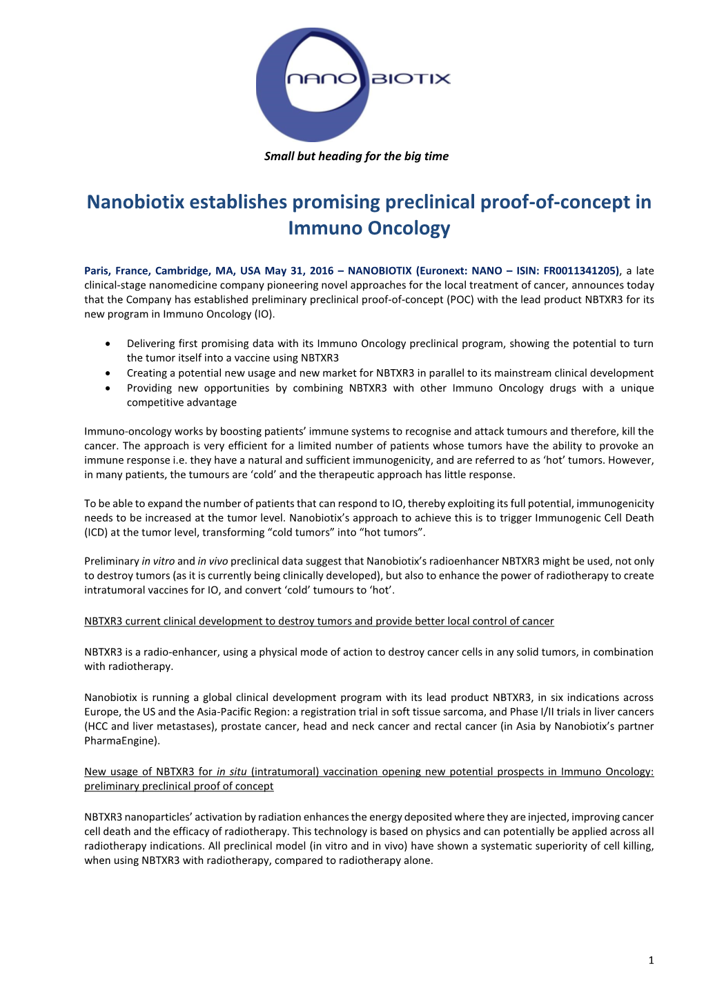 Nanobiotix Establishes Promising Preclinical Proof-Of-Concept in Immuno Oncology