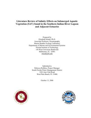 Literature Review of Salinity Effects on Submerged Aquatic Vegetation (SAV) Found in the Southern Indian River Lagoon and Adjacent Estuaries